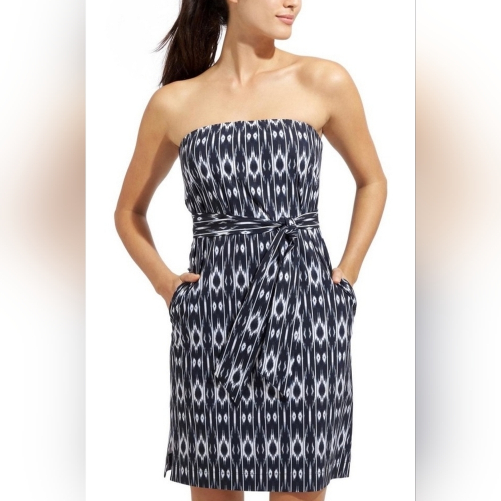 Athleta Ikat Strapless Anywhere Dress Woman Size 6 Navy & White Tie Belt Pockets